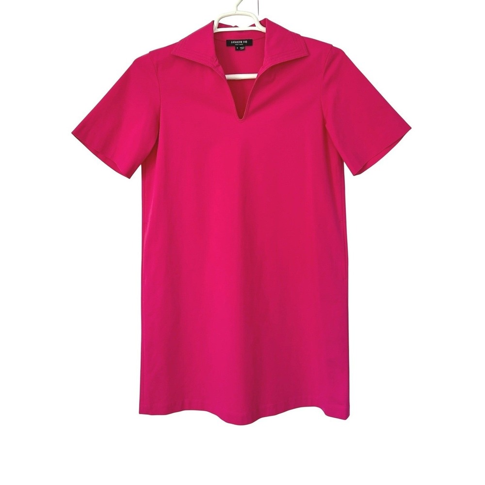 Lafayette 148 Pink Bi-Stretch Cotton Dress S Split Neck Shift Pockets Resortwear